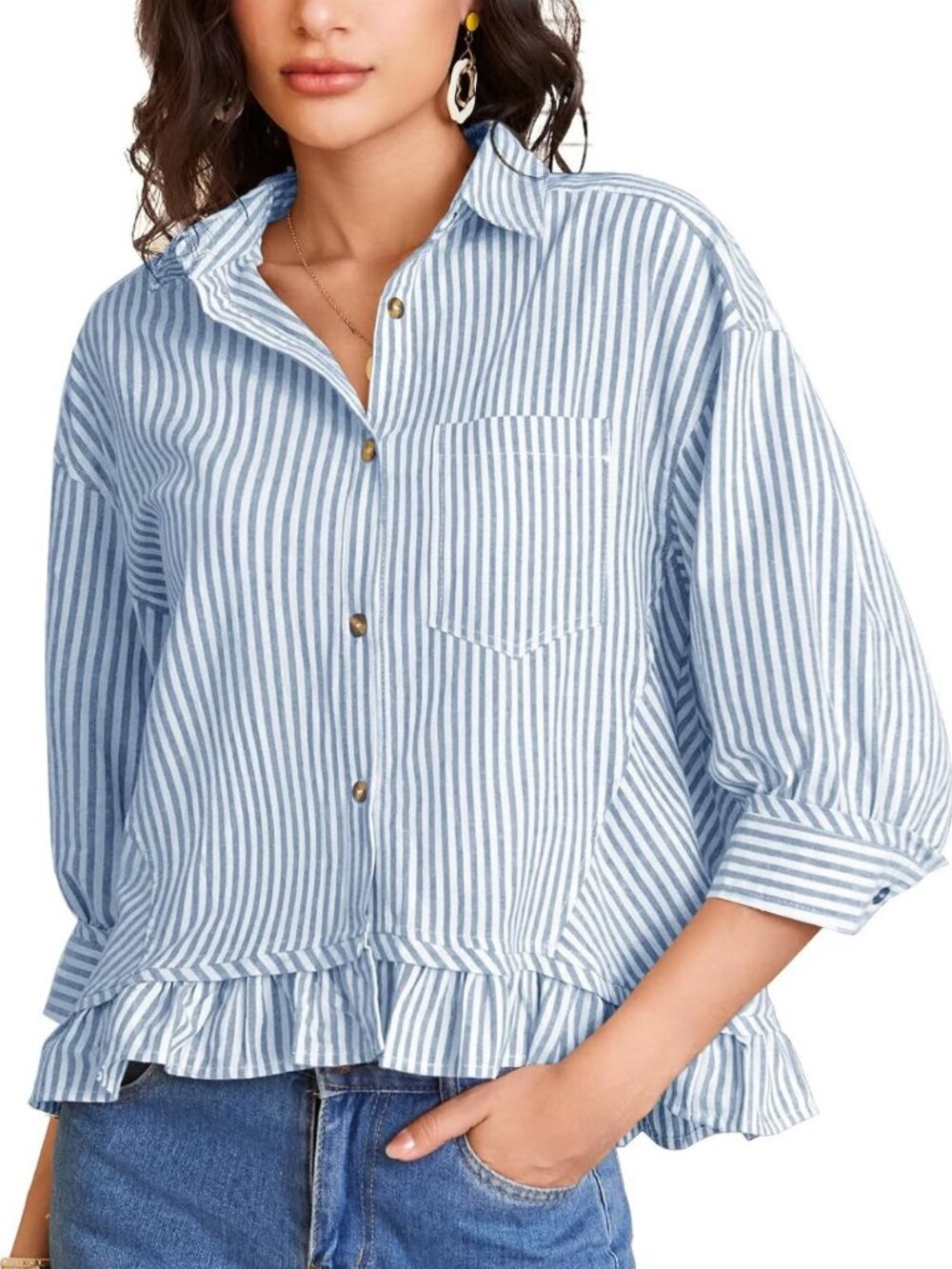 Cropped Striped Button Down Shirt with 3/4 Sleeves & Ruffled Detail for Women